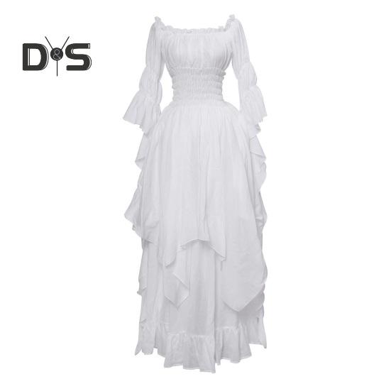 Women Ball Gown Off Shoulder Gothic Long Horn Sleeves Irregular Layered Pleated Elastic Tight Waist Solid Color Retro Renaissance Party Prom Maxi