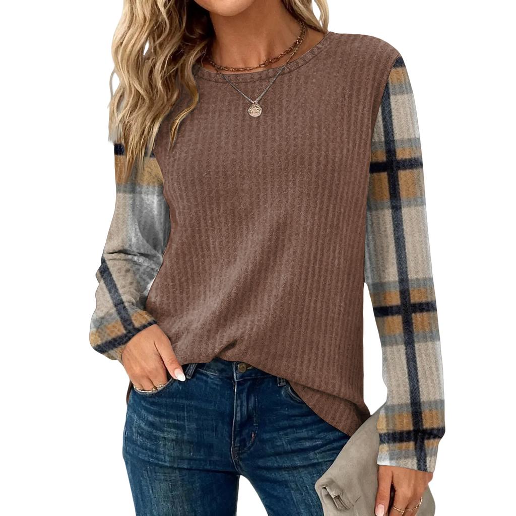 Женский повседневный топ свободного кроя с круглым вырезом и длинными рукавами в клетку