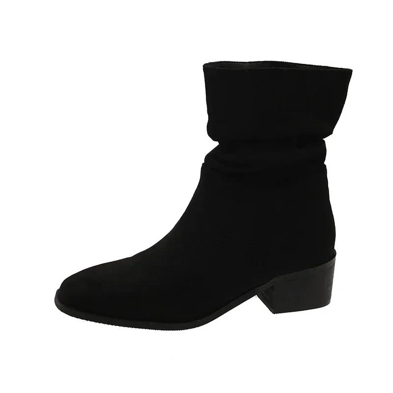 Женские ботинки челси, простые замшевые ботинки до середины голени с круглым носком и квадратным каблуком, удобные осенние ботинки для отдыха на открытом воздухе, 2024, Tendencia