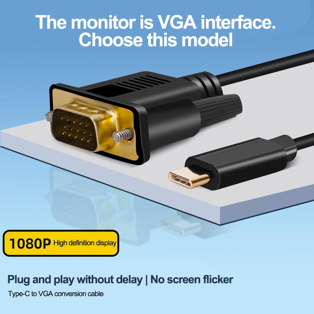 Кабель USB C на VGA 1080P Кабель-адаптер-конвертер Type C 3.1 VGA Позолоченный 1,8 м Для ноутбука UHD Внешний видеопроектор