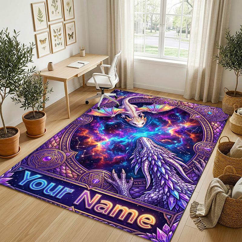 Dragon Phoenix Theme Crystal Velvet Rug Personalized Custom Name Text Soft Floor Mat Home Decor