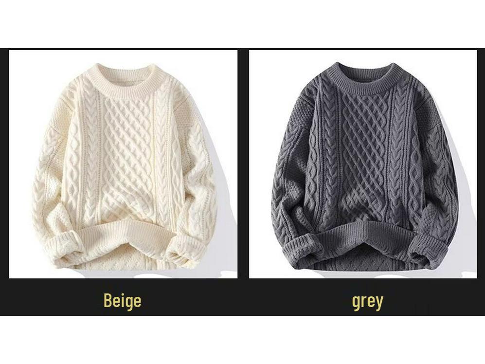 Men's Casual Winter Cable Knit Sweater - European & American Style, Solid Color, Round Neck Pullover