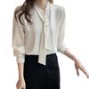 KumiModa Chiffon Shirt Blouse with Long Solid Perfect for and Autumn Women's Ribbon, V-Neck, Sleeves, Color, Elegant, Slimming, Stylish, Cute, Office,