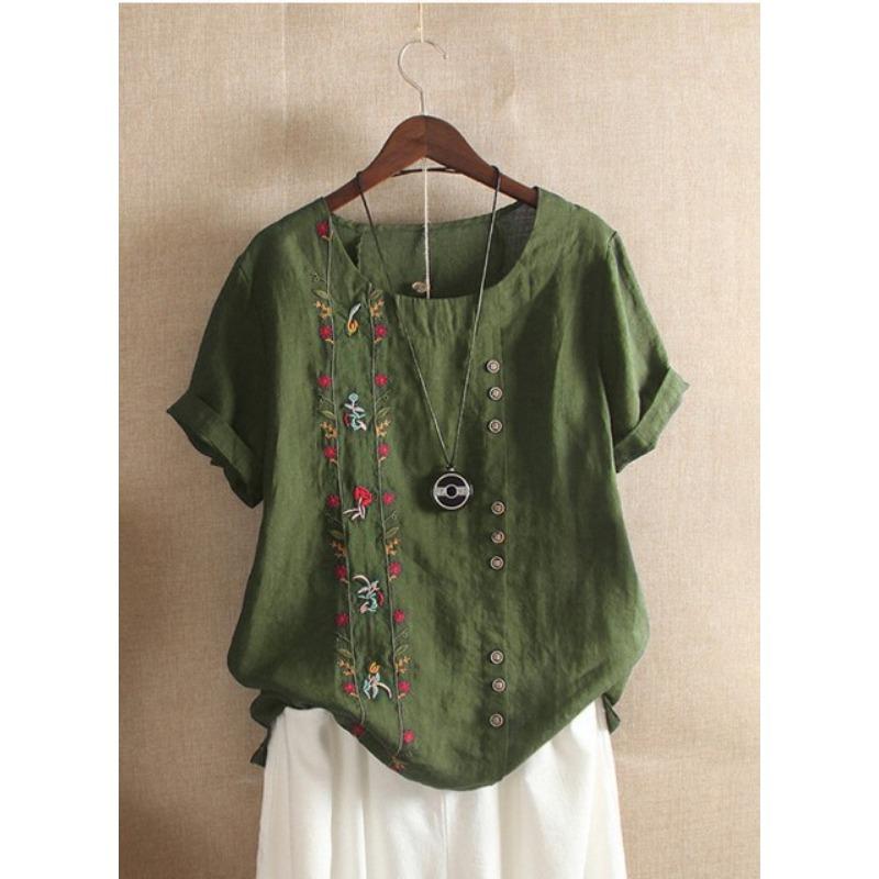 Футболка из хлопка и пеньки с вышивкой, с круглым вырезом и коротким рукавом, свободный универсальный топ, летние футболки для женщин