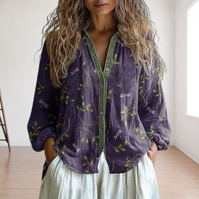 2025 Винтажный топ с фиолетовым цветочным принтом, воротником-стойкой и длинными рукавами