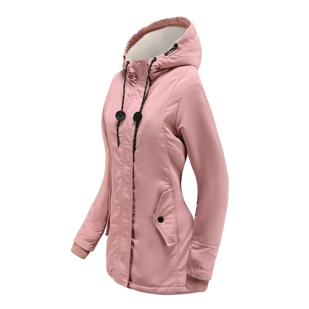 Women Hooded Collar Long Sleeve Solid Color Zipper Lamb Velvet Thickened Warm Parka S-5XL