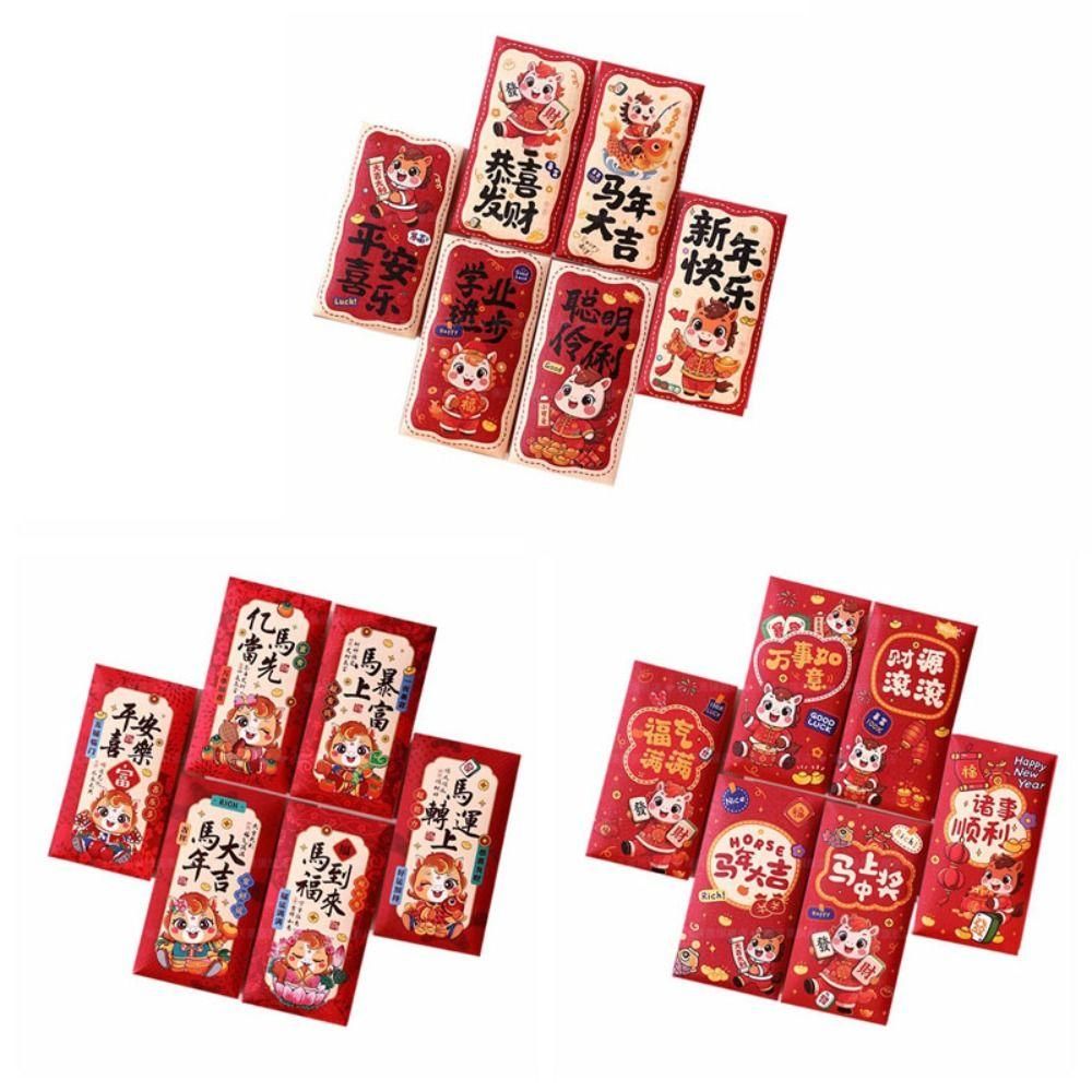 6PCS Paper Horse Year Red Envelope Cartoon New Year Spring Festival Red Envelopes Lucky Bless Words Hongbao Marriage Celebration