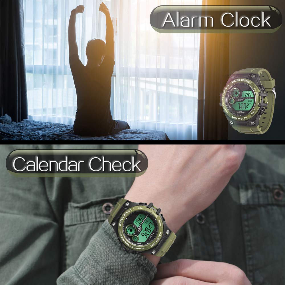 Многофункциональные мужские часы с водозащитой 10 АТМ, идеально подходящие для плавания, дайвинга и серфинга, с будильником, календарем, секундомером, двойным временем и 12-часовым форматом.