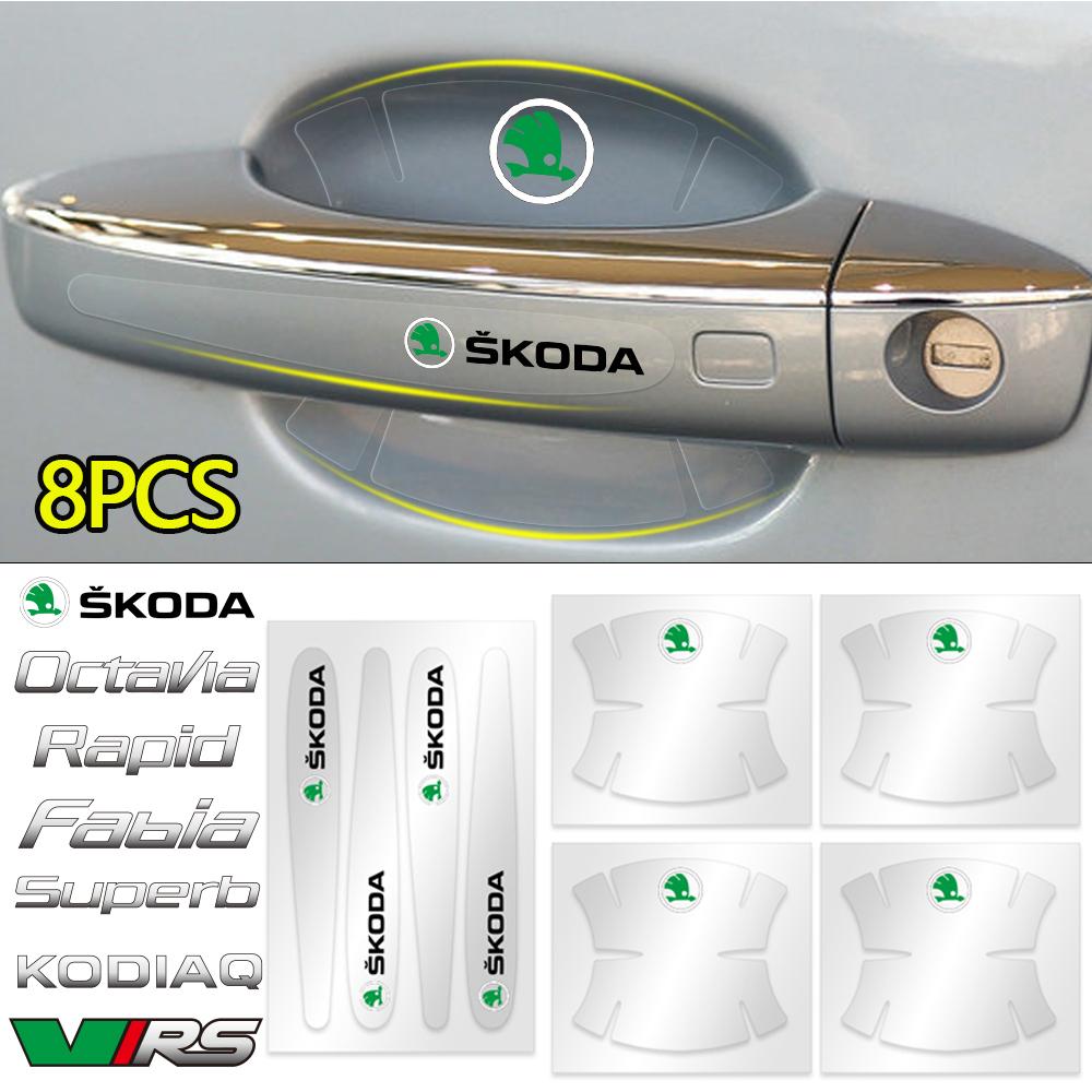 NADH5 8PCS Car Door Handle Cup Protector Stickers Protection Film Accessories For Skoda VRS Fabia Rapid Superb Octavia Kodiaq Scala A5