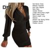 Women Spring Fall Dress Low Cut Deep V Neck Pleated Sheath Long Sleeve Slim Fit Tight Waist Soft Pure Color Lady Above Knee Length Mini Dress Party