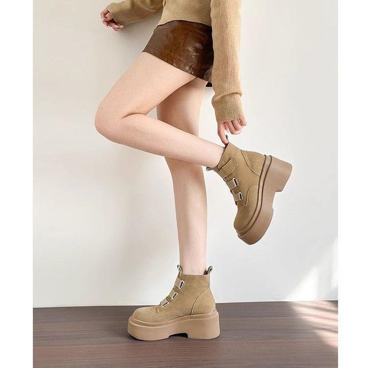 Women's Martin Boots, Super Light Thick-Soled, Plus Velvet, Platform Heightening, Punk Style, Spring/Autumn Models.