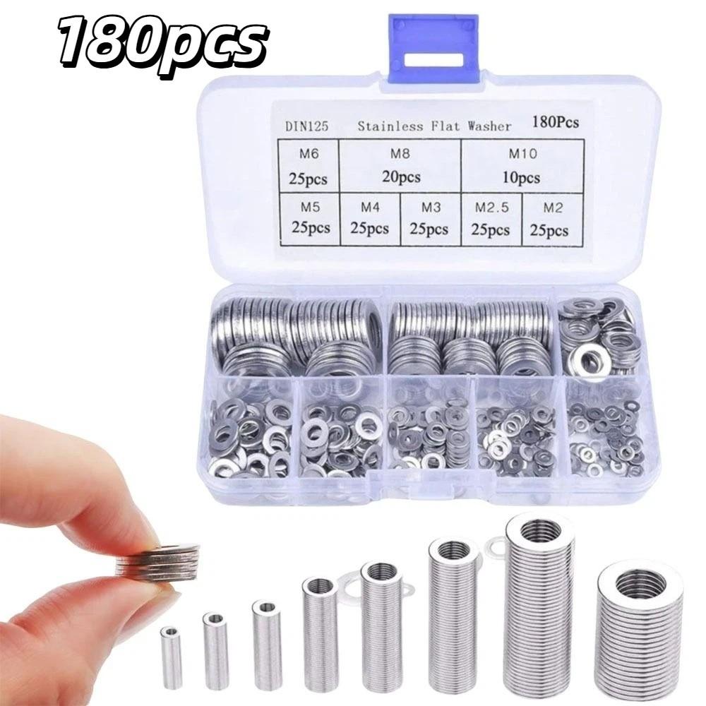 180pcs 304 Stainless Steel Flat Washer Assortment Flat Design Plain Gasket Set Factory Maintenance