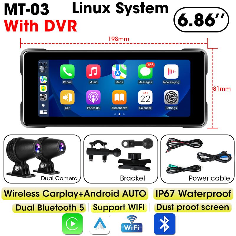 6,86-дюймовый GPS-навигатор, мотоциклетный видеорегистратор, беспроводной Carplay, Android Auto, водонепроницаемый, портативный, двойной Bluetooth-монитор для мотоцикла