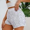 Women Shorts High Waist Sprkling Sequin Elastic Waist Slim Fit Straight Mini Shorts Club