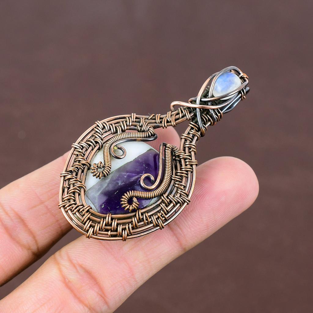Natural Sage Amethyst, Moonstone Gemstone Copper Wire Wrap Pendant 2.64" D7T12