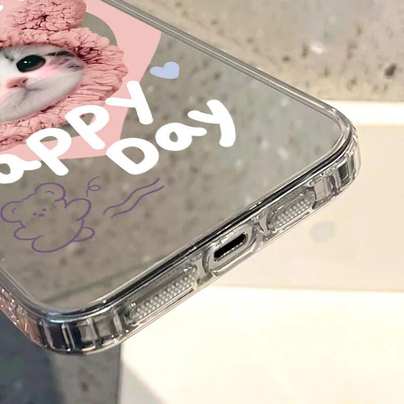 Korean Cute Cartoon Cat Mirror Phone Case For iPhone 15 Pro Case iPhone 14 11 12 13 Pro Max X XS XR Shockproof Love Heart Cover