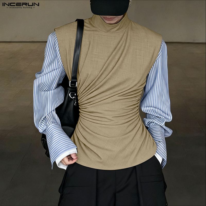 INCERUN Мужские облегающие повседневные майки без рукавов с воротником-стойкой и эластичной талией, скрученные