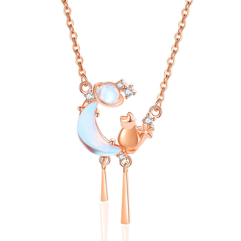 Necklace Cat Motif Stone Luxury Zirconia Pink Gold Finish 925 Silver Metal Allergy Friendly Day Popular "Silver Thunder" Women's Birthstone/Natural