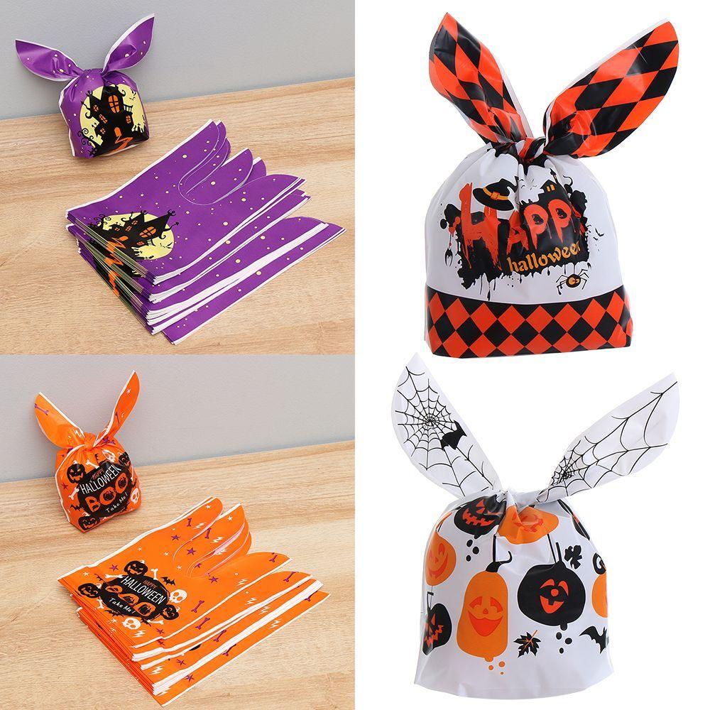50Pcs Bat Pumpkin Halloween Decoration Cookie Bag Rabbit Ear Halloween Candy Bags Baking Packaging