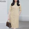 ZANZEA Women Stand Collar Casual 3/4 Sleeve Retro Sheath Dress