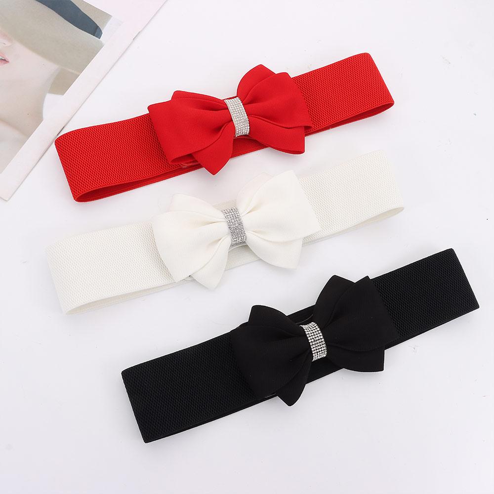 Adjustable Buckle Women's Elastic Wide Belt Solid Color Bowknot Waistband for Dress Jeans
