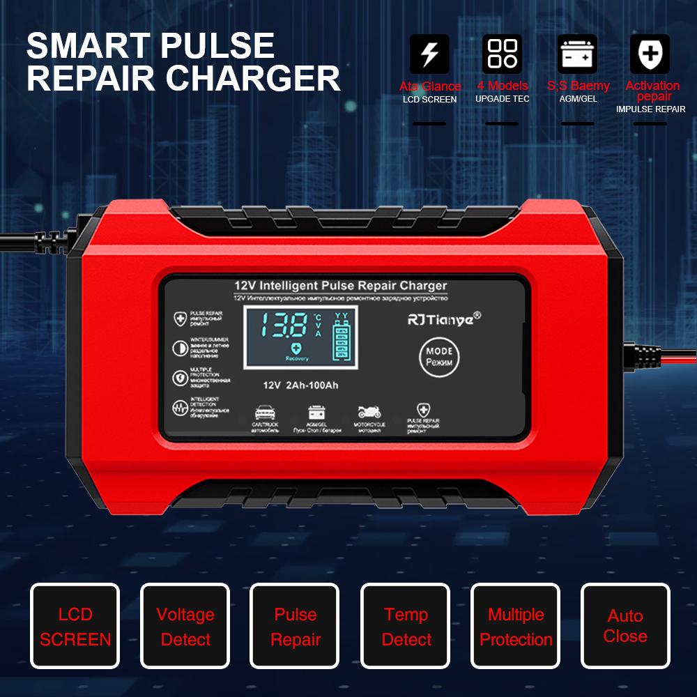 Автомобильное/Мотоциклетное Зарядное Устройство 12В6А, Подходящее для Свинцово-Кислотных Аккумуляторов, Умное Зарядное Устройство для Аккумуляторов, Цифровой Дисплей, Вилка ЕС
