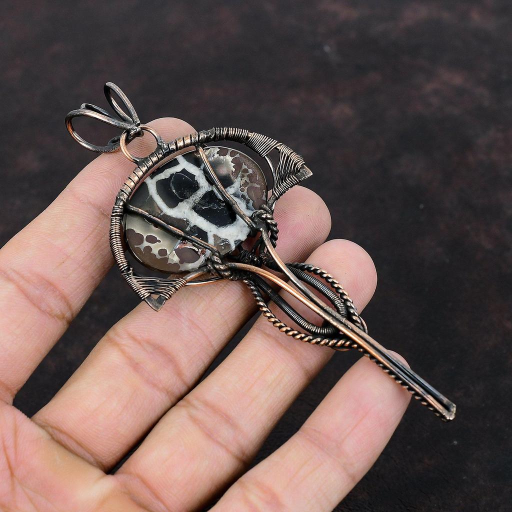 Подвеска из окаменелости в виде трещины в марокканской грязи, обернутая медной проволокой, ручная работа, медная бижутерия, подвеска для женщин, изящные драгоценные камни, свадебный подарок