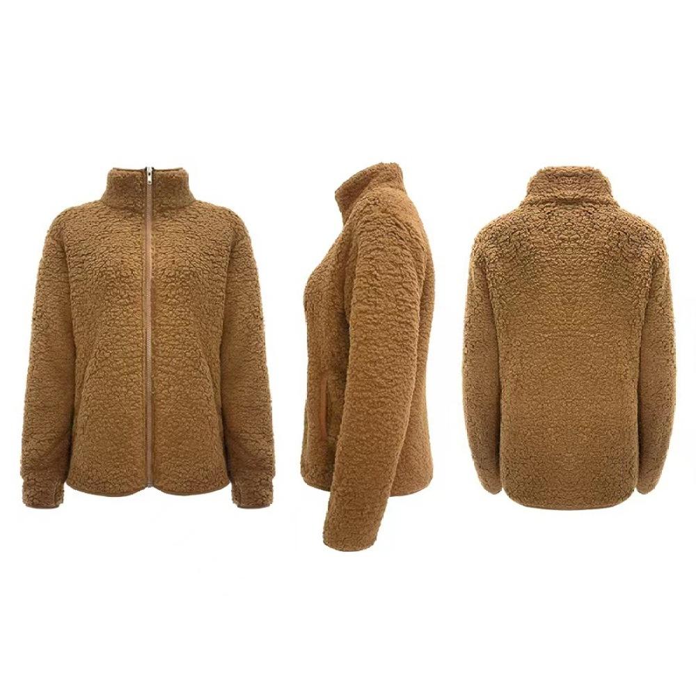 Женская однотонная повседневная плюшевая куртка с длинным рукавом и воротником-стойкой на молнии