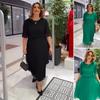 European & American Plus Size Women's Solid Color Round Neck Midi Dress with Five Sleeves - Spring/Summer Fashion