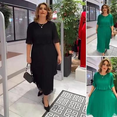 Европейское и американское женское миди-платье больших размеров однотонное с круглым вырезом и рукавами пять четвертей - Мода весна/лето