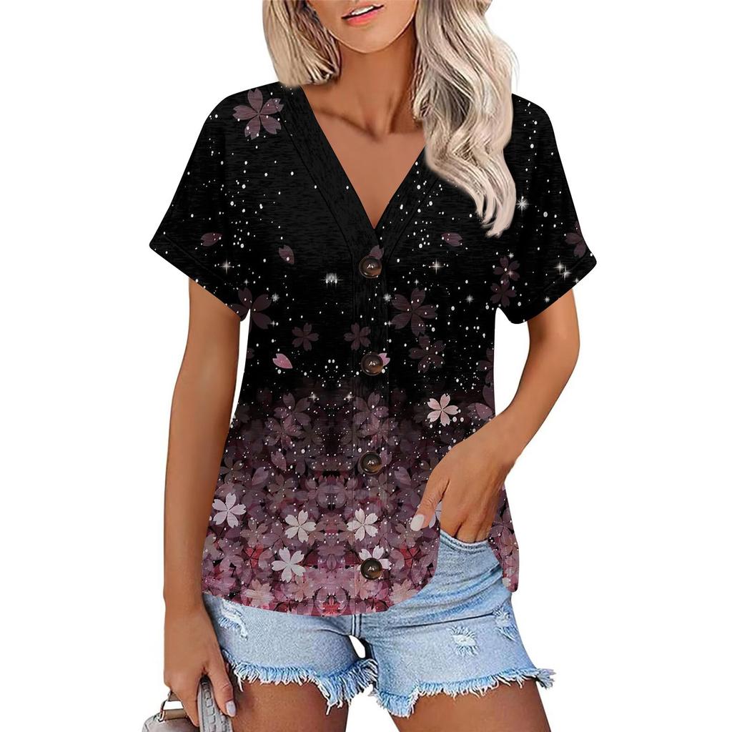 Женская модная повседневная футболка с короткими рукавами и V-образным вырезом, цветочным принтом и застежкой на пуговицы