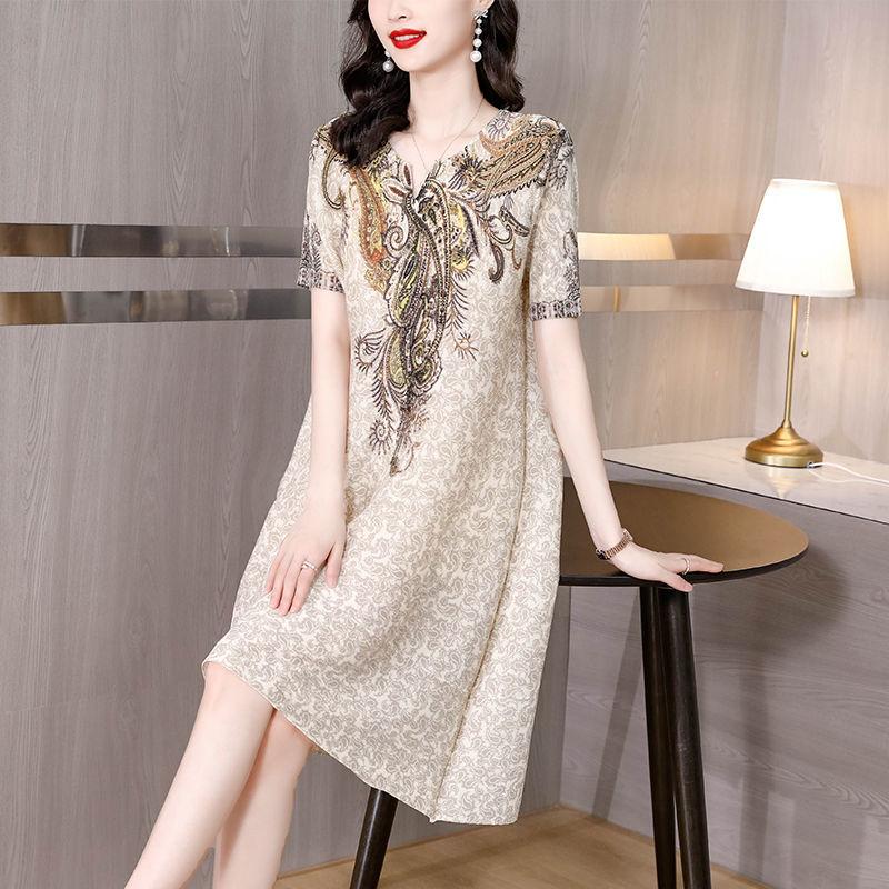 Складное летнее платье женское, новинка 2022 года, высококачественное зарубежное свободное свободное платье с v-образным вырезом и короткими рукавами, повседневное тонкое платье с принтом