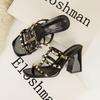 Women Summer Fashion Rivets PU Leather High Heel Sandals Lady Square Heel  Fish Mouth Slippers Woman Casual Sandal Slip-on Shoes