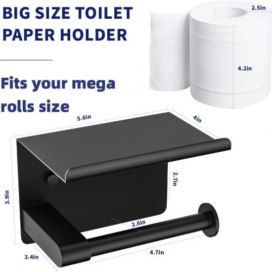 Matte Black Toilet Paper Holder with Shelf, Fits Mega Rolls, Rustproof Stainless Steel, Self Adhesive Wall Mount Toilet Paper Roll Holder, for