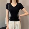 New V-neck Color-blocking Short-sleeved T-shirt for Women In Spring and Summer Slim Base Shirt Design Top