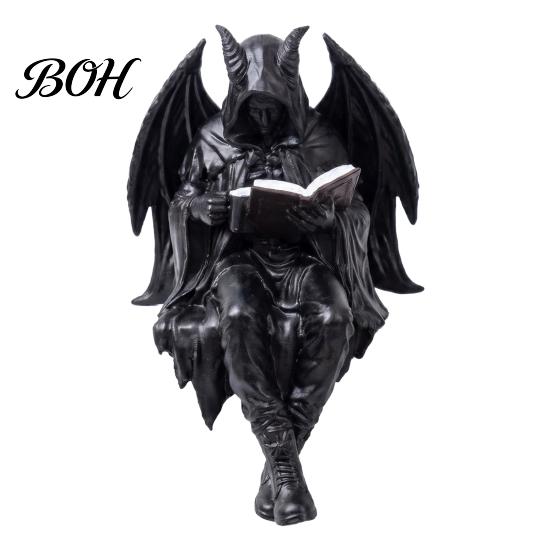 Skeleton Desktop Decor Halloween Reading Book Figurine, Spooky Devil Resin Sculpture, Gothic Winged Sculpture Black Robe Grim Reaper Statue