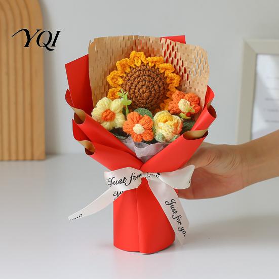 Knitted Flower Arrangement Hand Crocheted Yarn Bouquet, Artificial Rose Sunflower, Handmade Wool Gift Crochet Flowers Teacher Appreciation Gifts, for