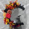 1pc Gothic Halloween Wreath - Witch Cat Moon Silhouette with Autumn Leaves & Roses, Halloween Decorations, Moonlit Night Theme