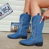 Вышитые сапоги в ковбойском стиле на низком каблуке для женщин из искусственной кожи, высокие сапоги до колена, женские, черные, длинные, Botas Mujer, размер плюс 43 2024