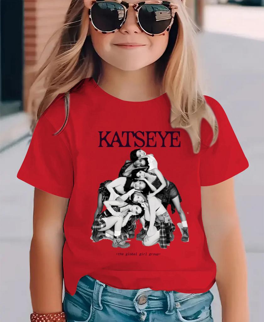 Summer short-sleeved shirt, girls' combination, Katseye pattern, children's casual cotton T-shirt