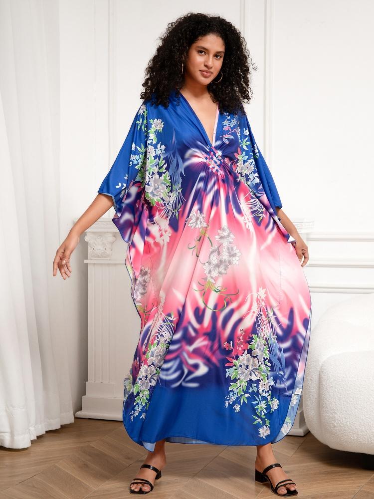 EDOLYNSA Classy Oversized Blue Bohemian Women's Kaftan Robe Holiday Party Dress Light jacket Swimsuit cover-up Lounge wear Q1289