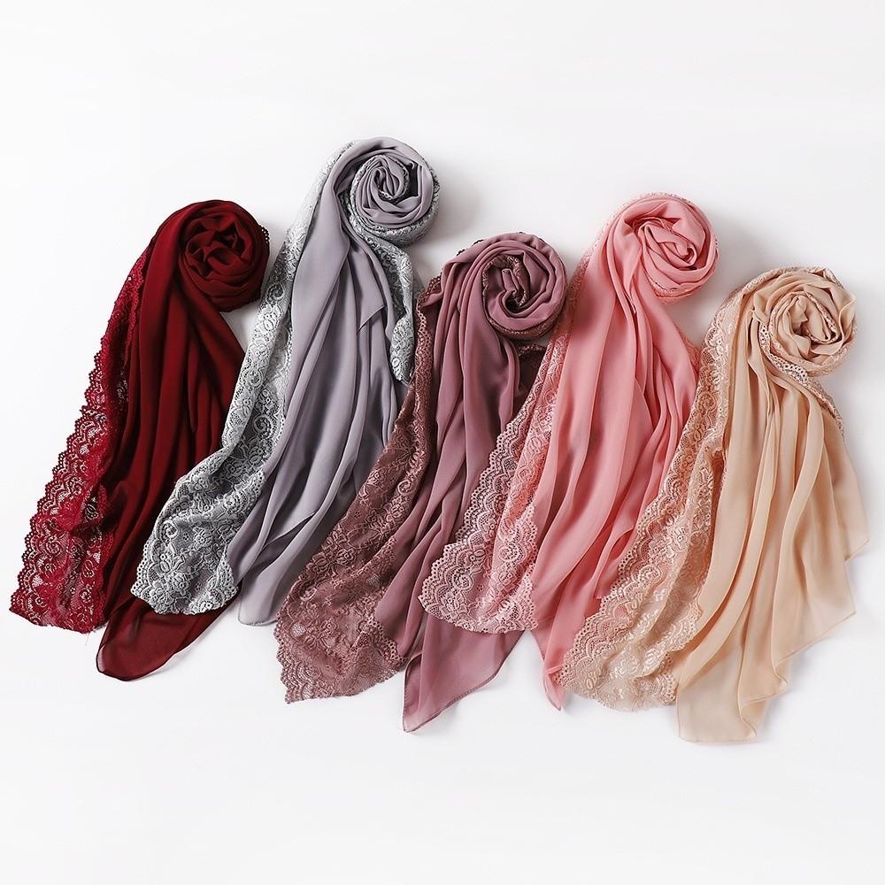 Solid Color Silk Scarf Lace Edge Ramadan Headscarf Versatile Headwraps Women Headwear