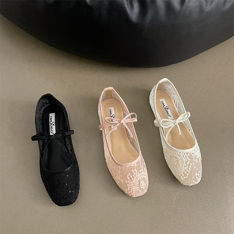 Женские черные туфли-балетки Мэри Джейн с вышивкой в виде цветов - Летние дышащие сетчатые туфли, Дизайн с квадратным носком, Модные туфли Мэри Джейн