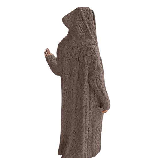 Женская кофта-свитер с карманами средней длины с капюшоном трикотажная скрученная текстура однотонная