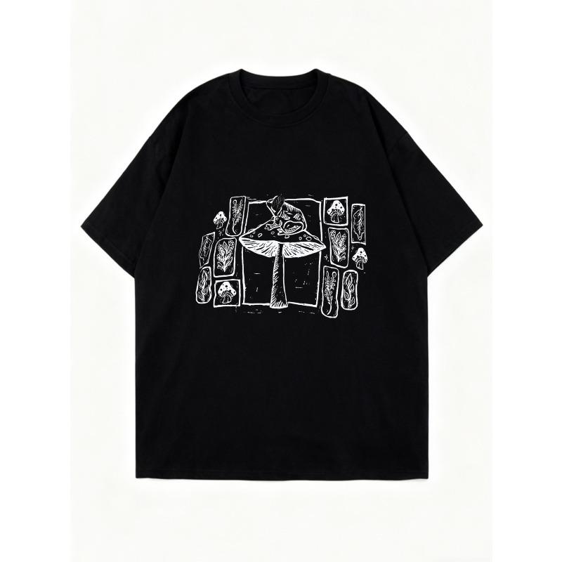 Футболка оверсайз черная с принтом грибов и ботаническими эскизами, повседневная уличная одежда для женщин