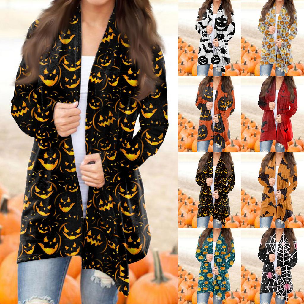 Женская мода, повседневный кардиган с принтом на Хэллоуин, средней длины, с длинными рукавами, пальто