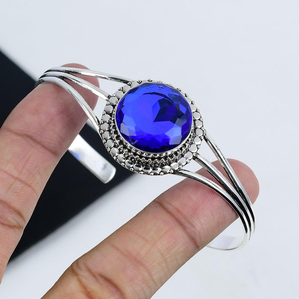 Dainty Blue Sapphire Gemstone Handmade Cuff Bangle 925 Sterling Silver Cuff Bangle, Blue Sapphire Cuff Bangle For Wife , Unisex Bangle, Gift