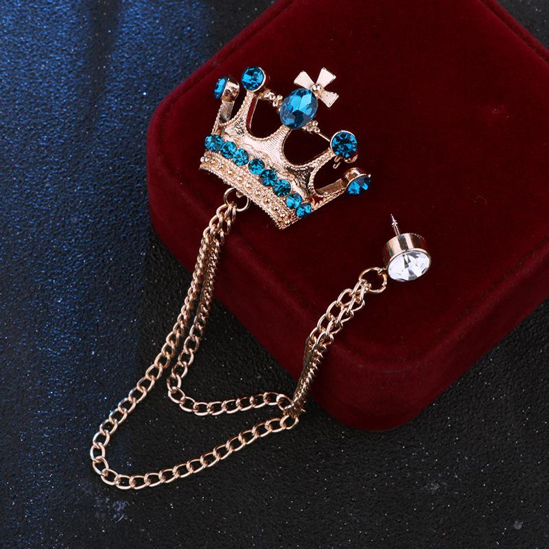 Crystal Men Brooch Pin Crown Fashion Collar Pins Suit Lapel Wedding Gift Jewelry Cross Chain