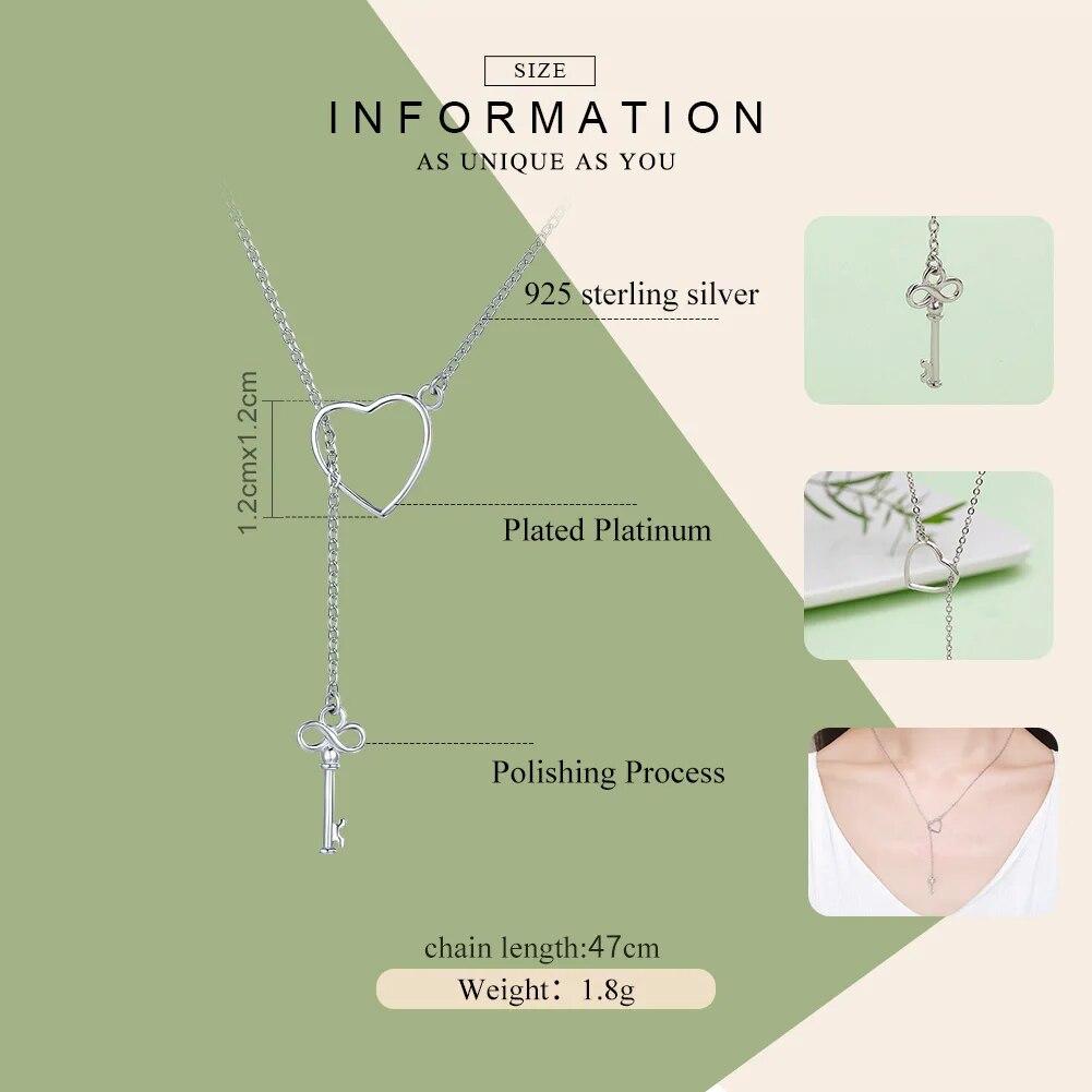 S925 Sterling Silver Sweet Key of Heart Lock Link Chain Necklaces & Pendants Women Luxury Sterling Silver Jewelry