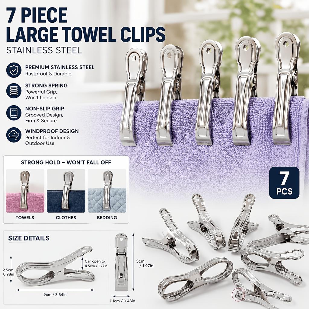7Pcs Large Metal Towel Clips, Made Of Stainless Steel, Windproof And Durable With Strong Holding Power Suitable For Drying Towels Quilts And Clothing